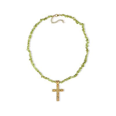 D'Joy Passport to Turkey Cross Pendant with Hebei Peridot 35.00 ctw Chips Necklace in 18K Vermeil Yellow Gold Over Sterling Silver 20 Inches