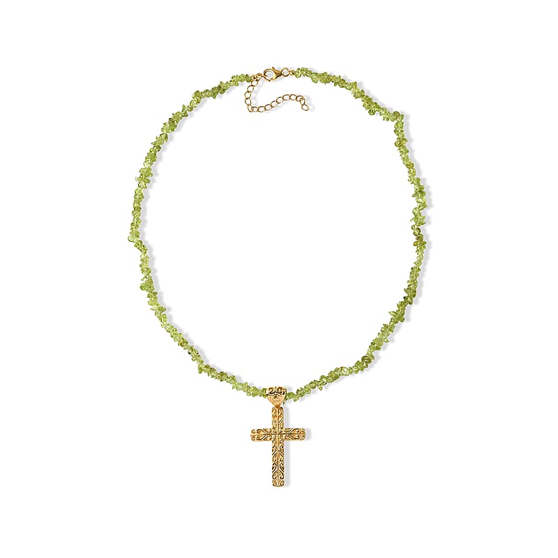 D'Joy Passport to Turkey Cross Pendant with Hebei Peridot 35.00 ctw Chips Necklace in 18K Vermeil Yellow Gold Over Sterling Silver 20 Inches