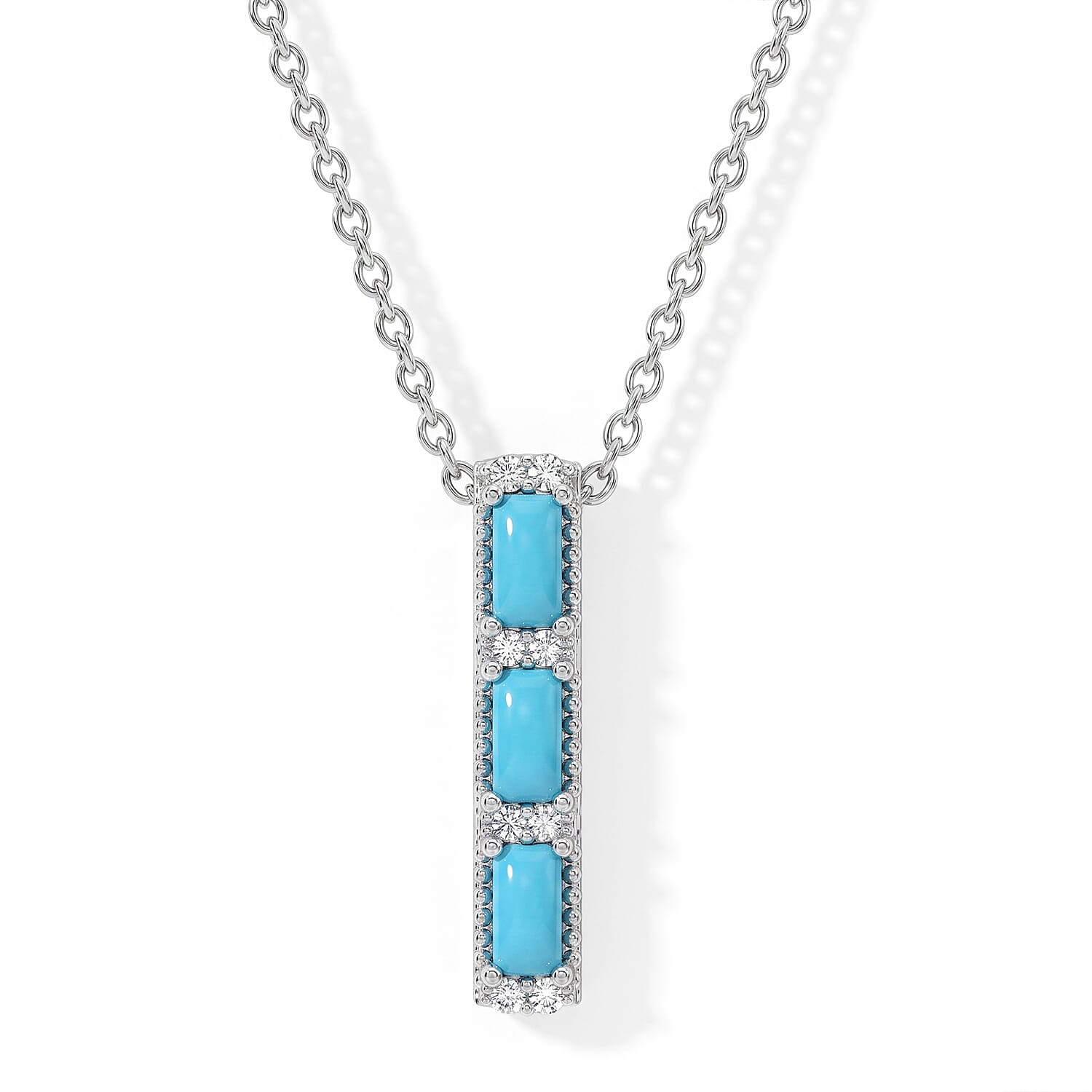 D'Joy Sleeping Beauty Turquoise and White Zircon 0.80 ctw Pendant in Rhodium Over Sterling Silver with Stainless Steel Necklace 20 Inches