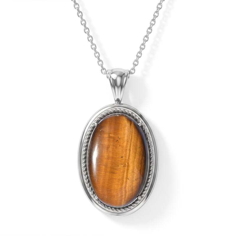 EverTrue Tigers Eye 30.60 ctw Pendant Necklace in Stainless Steel 20 Inches