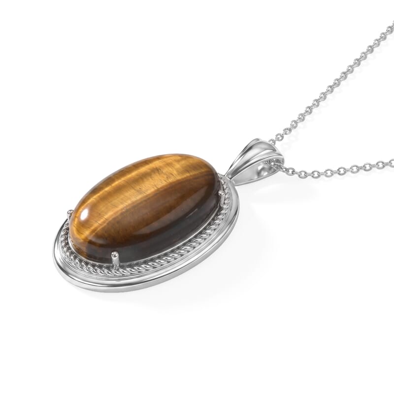 EverTrue Tigers Eye 30.60 ctw Pendant Necklace in Stainless Steel 20 Inches