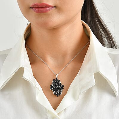 EverTrue Thai Black Spinel 13.65 ctw Pendant in Platinum Bond with Stainless Steel Necklace 20 Inches