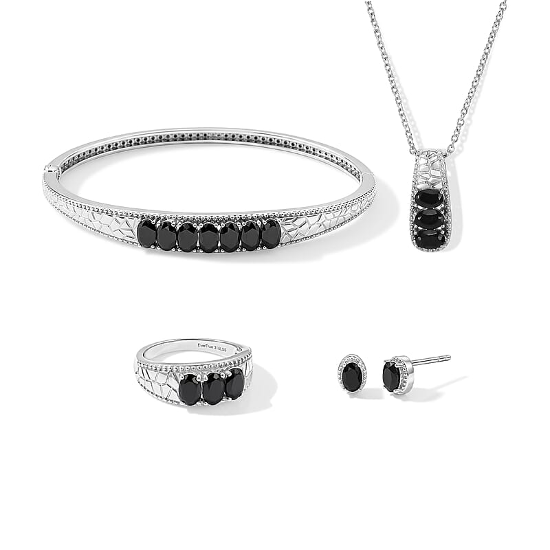 EverTrue Thai Black Spinel 9.70 ctw Bangle Bracelet (7.25 In), Earrings, Ring (Size 5) and Pendant Necklace (20 Inches) in Stainless Steel