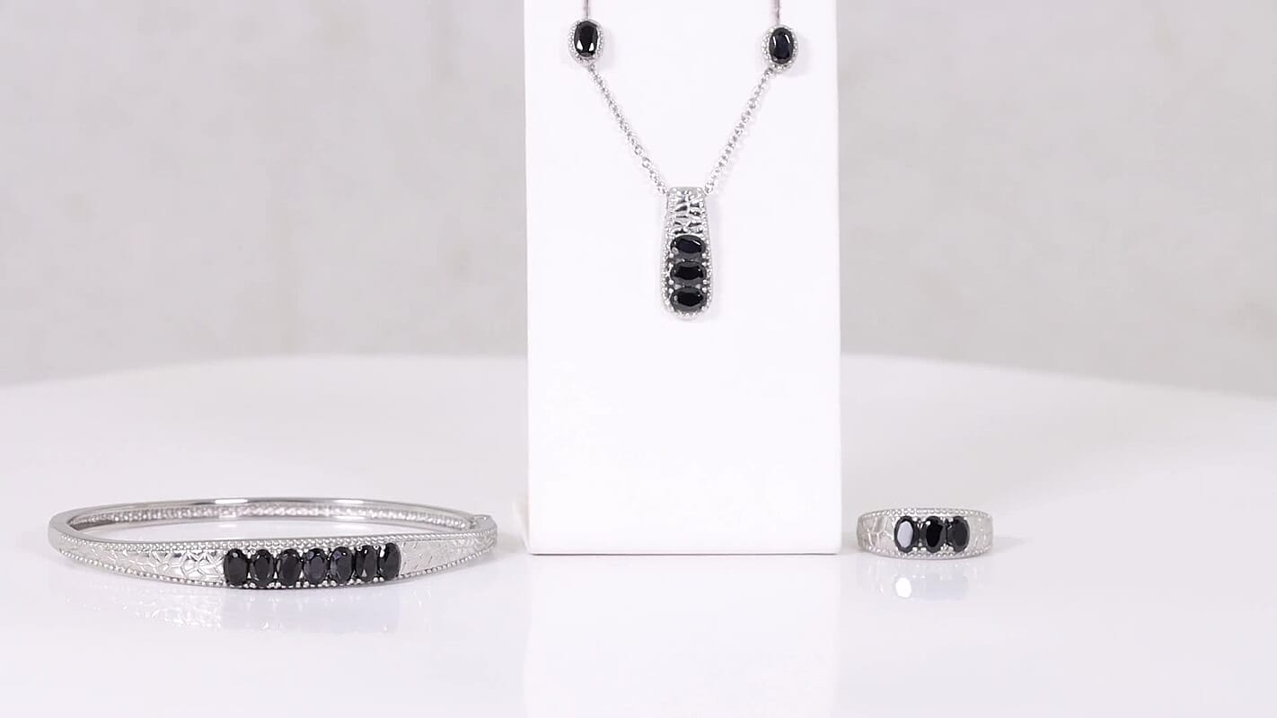 EverTrue Thai Black Spinel 9.70 ctw Bangle Bracelet (7.25 In), Earrings, Ring (Size 5) and Pendant Necklace (20 Inches) in Stainless Steel