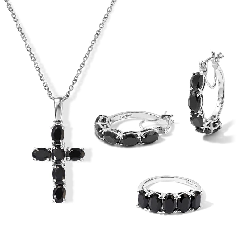 EverTrue Thai Black Spinel 11.80 ctw Earrings, Ring (Size 5.00), Pendant in Platinum Bond with Stainless Steel Necklace 20 Inches