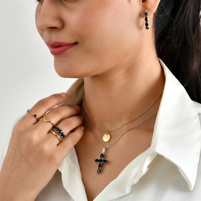 EverTrue Thai Black Spinel 11.80 ctw Earrings, Ring (Size 5.00), Pendant in Platinum Bond with Stainless Steel Necklace 20 Inches