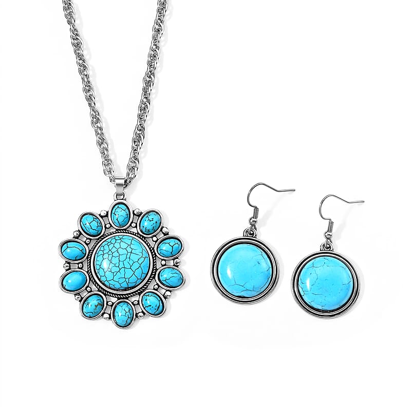 Blue Howlite 9.00 ctw Earrings and Pebble Mosaic Necklace (20-22 Inches) in Silvertone