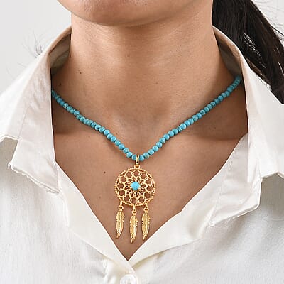 D'Joy Passport to Turkey Sleeping Beauty Turquoise, Pendant with Blue Turquoise Beaded Necklace 18 Inches in 18K Vermeil Yellow Gold Over Sterling Silver 70.80 ctw