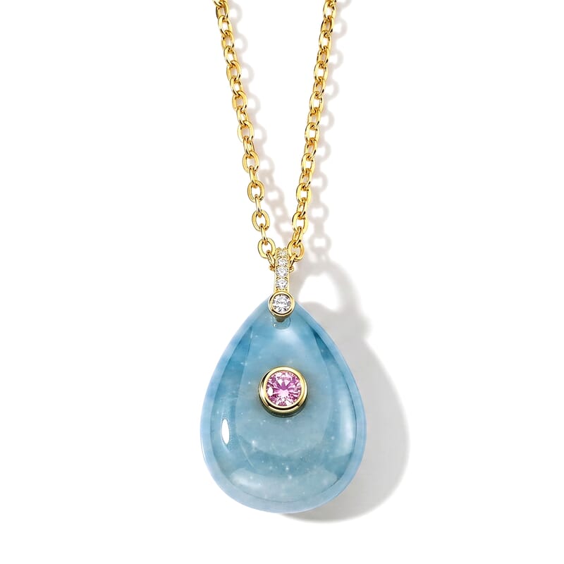 Amazonite, Austrian Crystal and Simulated Diamond 20.00 ctw Pendant in Silvertone with ION Plated YG Stainless Steel Necklace 17.5-19.5 Inches