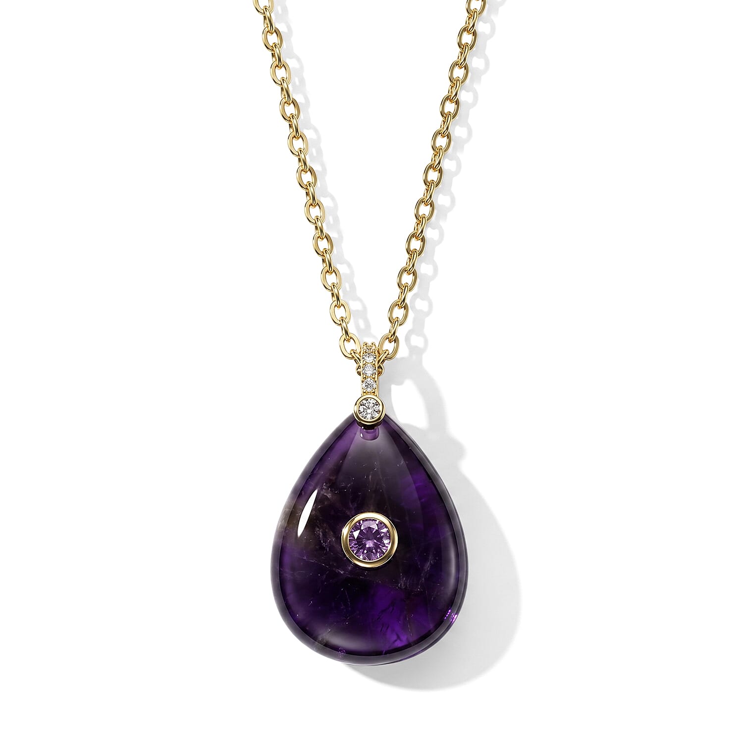 African Amethyst, Austrian Crystal and Simulated Diamond 20.00 ctw Pendant in Silvertone with ION Plated YG Stainless Steel Necklace 17.5-19.5 Inches
