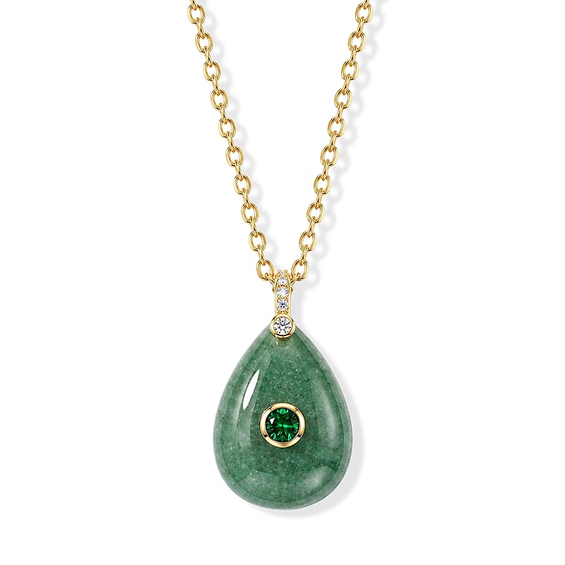 Green Aventurine, Austrian Crystal and Simulated Diamond 20.00 ctw Pendant in Silvertone with ION Plated YG Stainless Steel Necklace 17.5-19.5 Inches