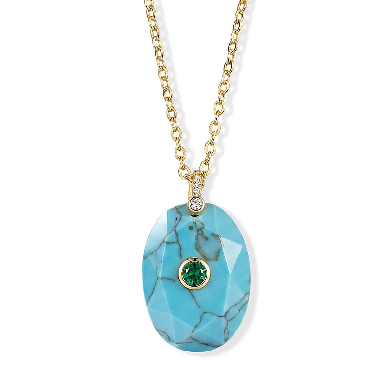 Blue Howlite, Austrian Crystal and Simulated Diamond 20.00 ctw Pendant in Silvertone with ION Plated YG Stainless Steel Necklace 17.5-19.5 Inches