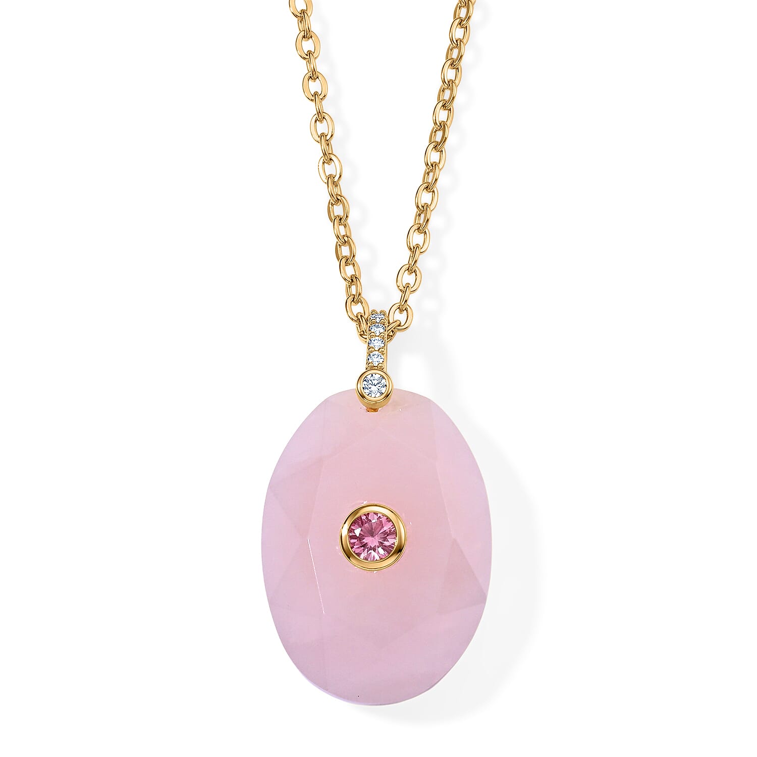 Rose Quartz, Austrian Crystal and Simulated Diamond 20.00 ctw Pendant in Silvertone with ION Plated YG Stainless Steel Necklace 17.5-19.5 Inches