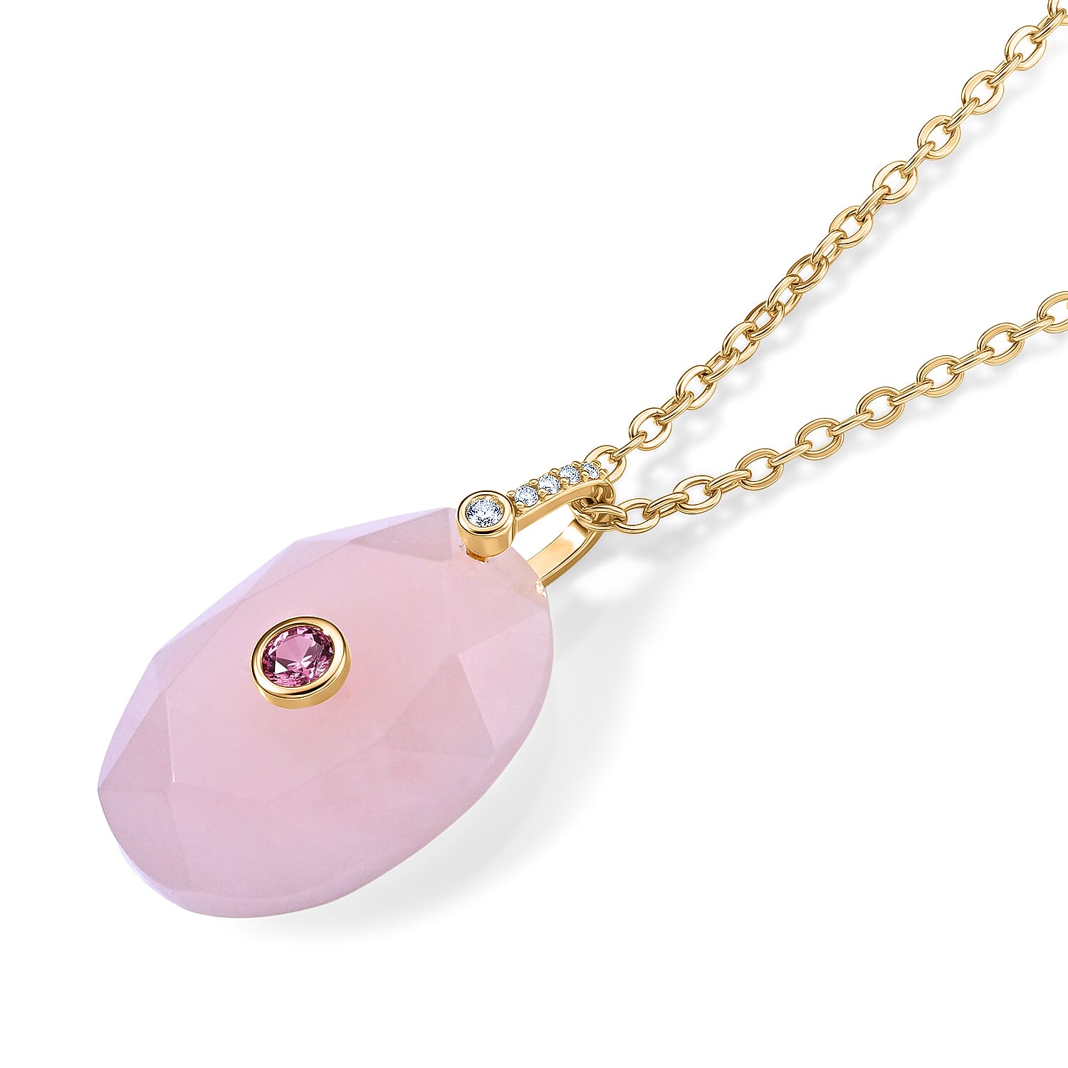Rose Quartz, Austrian Crystal and Simulated Diamond 20.00 ctw Pendant in Silvertone with ION Plated YG Stainless Steel Necklace 17.5-19.5 Inches