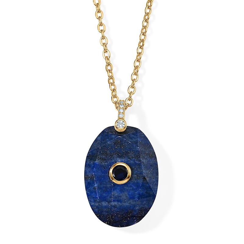 Lapis Lazuli, Austrian Crystal and Simulated Diamond 20.00 ctw Pendant in Silvertone with ION Plated YG Stainless Steel Necklace 17.5-19.5 Inches