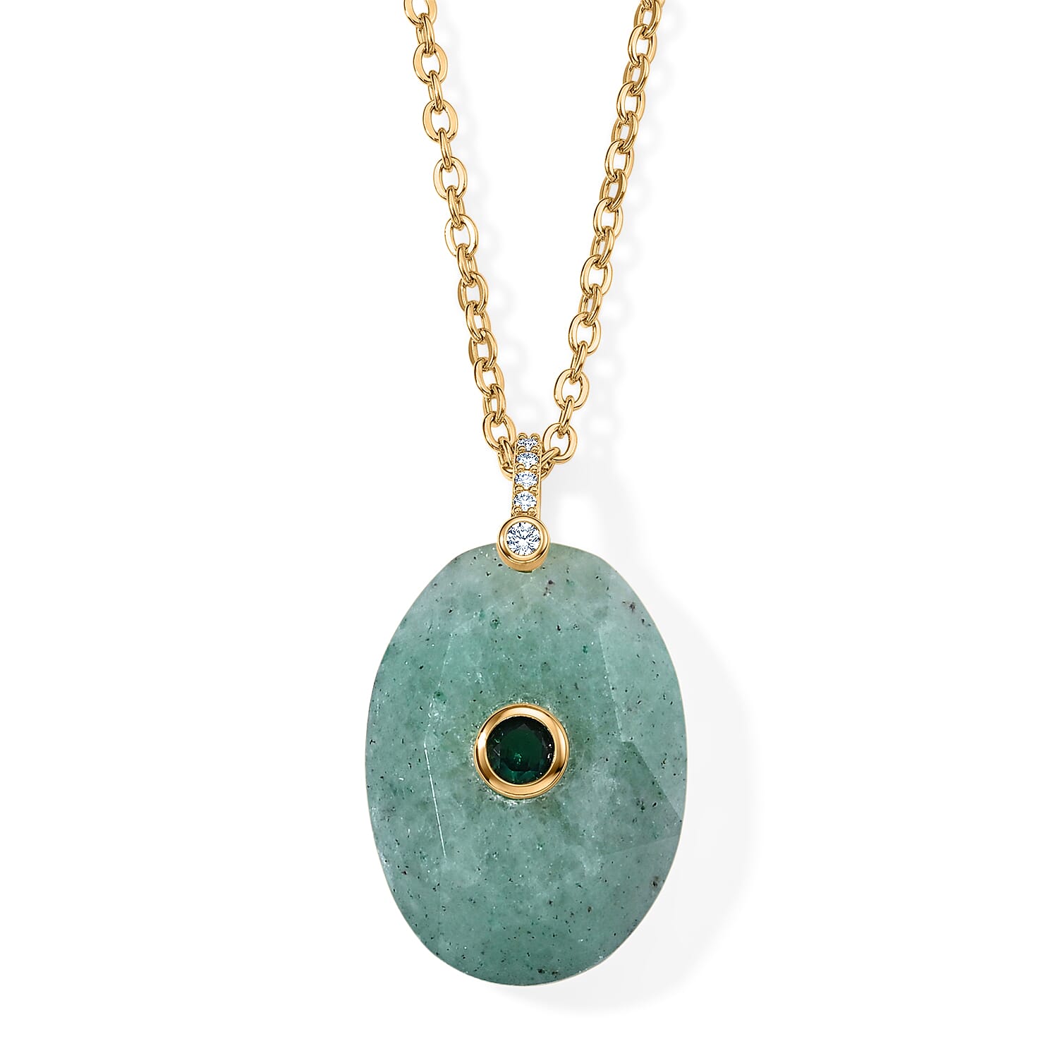 Green Aventurine, Austrian Crystal and Simulated Diamond 20.00 ctw Pendant in Silvertone with ION Plated YG Stainless Steel Necklace 17.5-19.5 Inches