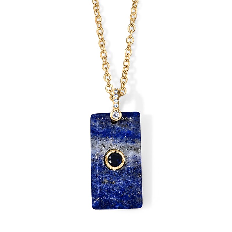 Lapis Lazuli, Austrian Crystal and Simulated Diamond 10.00 ctw Pendant in Silvertone with ION Plated YG Stainless Steel Necklace 17.5-19.5 Inches