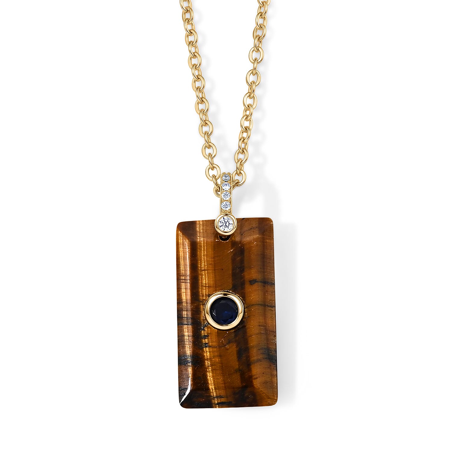 Yellow Tigers Eye, Austrian Crystal and Simulated Diamond 10.00 ctw Pendant in Silvertone with ION Plated YG Stainless Steel Necklace 17.5-19.5 Inches