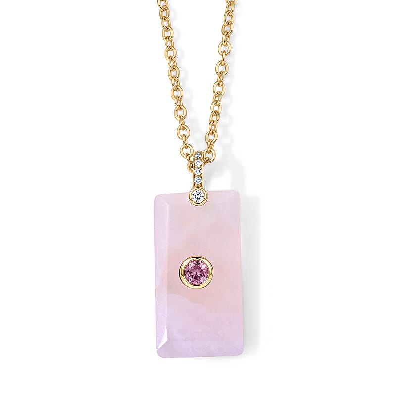 Rose Quartz, Austrian Crystal and Simulated Diamond 10.00 ctw Pendant in Silvertone with ION Plated YG Stainless Steel Necklace 17.5-19.5 Inches