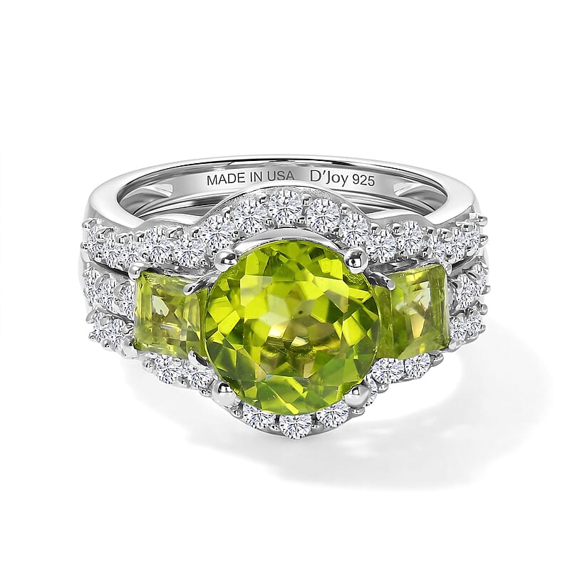 D'Joy Hebei Peridot and Moissanite 4.60 ctw Set of 2 Ring in Rhodium Over Sterling Silver (Size 6)