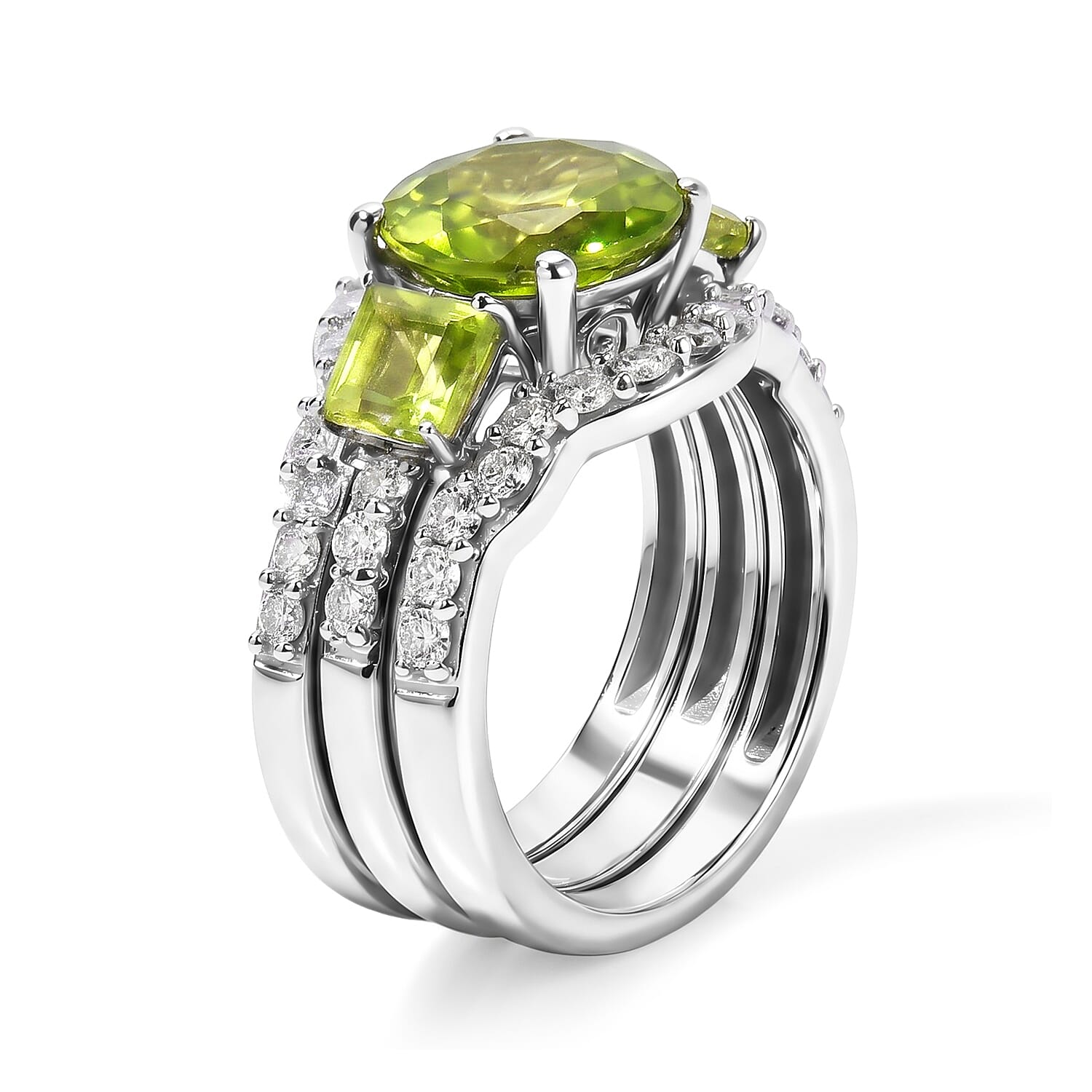D'Joy Hebei Peridot and Moissanite 4.60 ctw Set of 2 Ring in Rhodium Over Sterling Silver (Size 6)