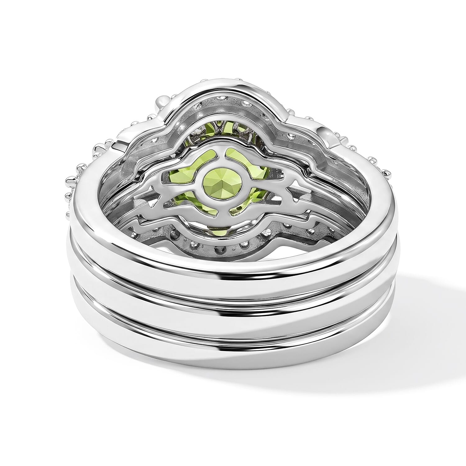 D'Joy Hebei Peridot and Moissanite 4.60 ctw Set of 2 Ring in Rhodium Over Sterling Silver (Size 6)