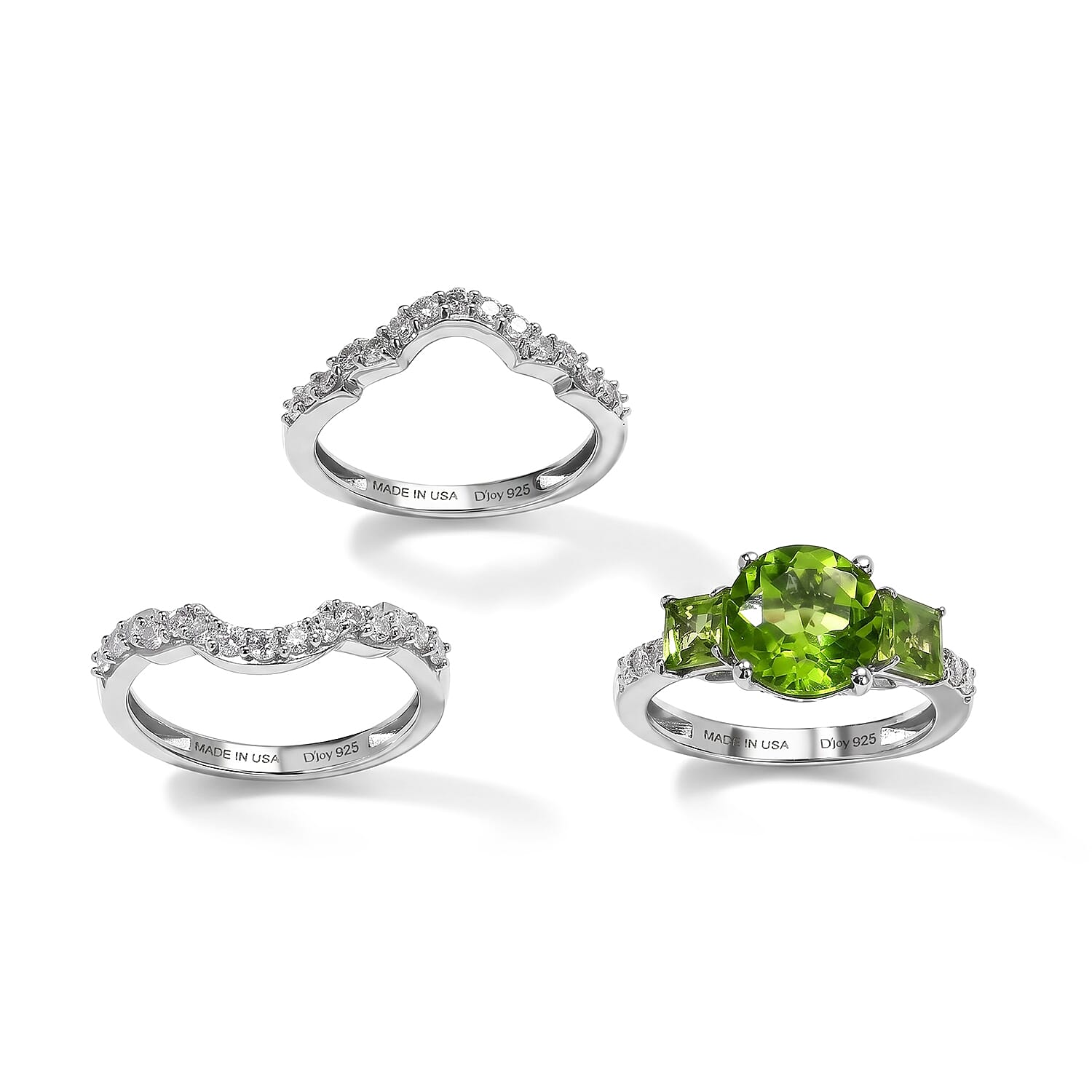 D'Joy Hebei Peridot and Moissanite 4.60 ctw Set of 2 Ring in Rhodium Over Sterling Silver (Size 6)