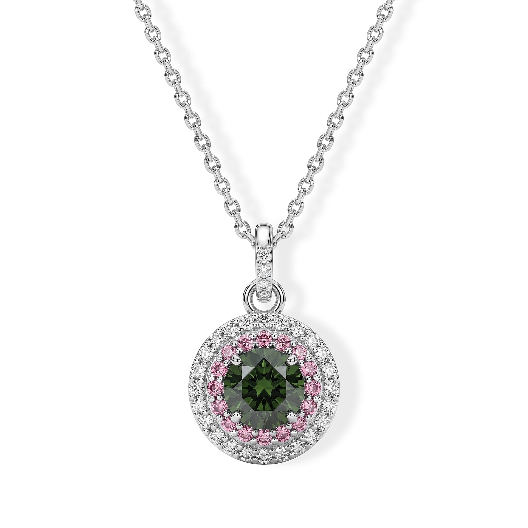Luxuriant Lab Grown Green, Pink and White Diamond (IR) VS 1.50 ctw Verdant Blush Halo Pendant Necklace (20 Inches) in Rhodium Over Sterling Silver