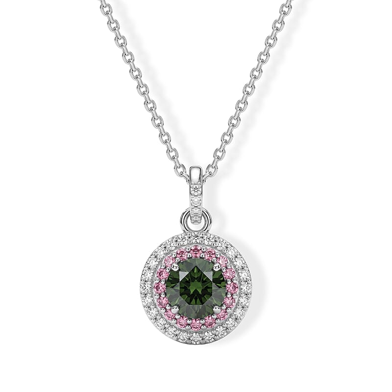 Luxuriant Lab Grown Green, Pink and White Diamond (IR) VS 1.50 ctw Verdant Blush Halo Pendant Necklace (20 Inches) in Rhodium Over Sterling Silver