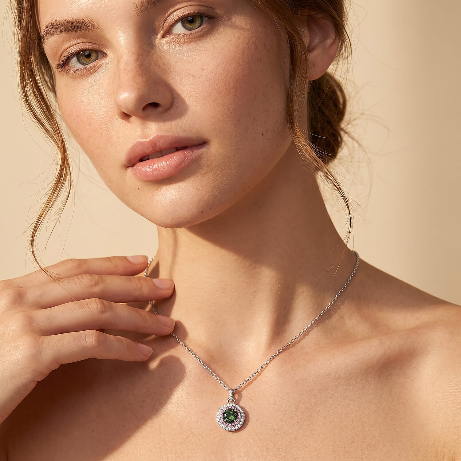 Luxuriant Lab Grown Green, Pink and White Diamond (VS) (IR) Verdant Blush Halo Pendant Necklace (20 Inches) in Rhodium Over Sterling Silver 1.50 ctw