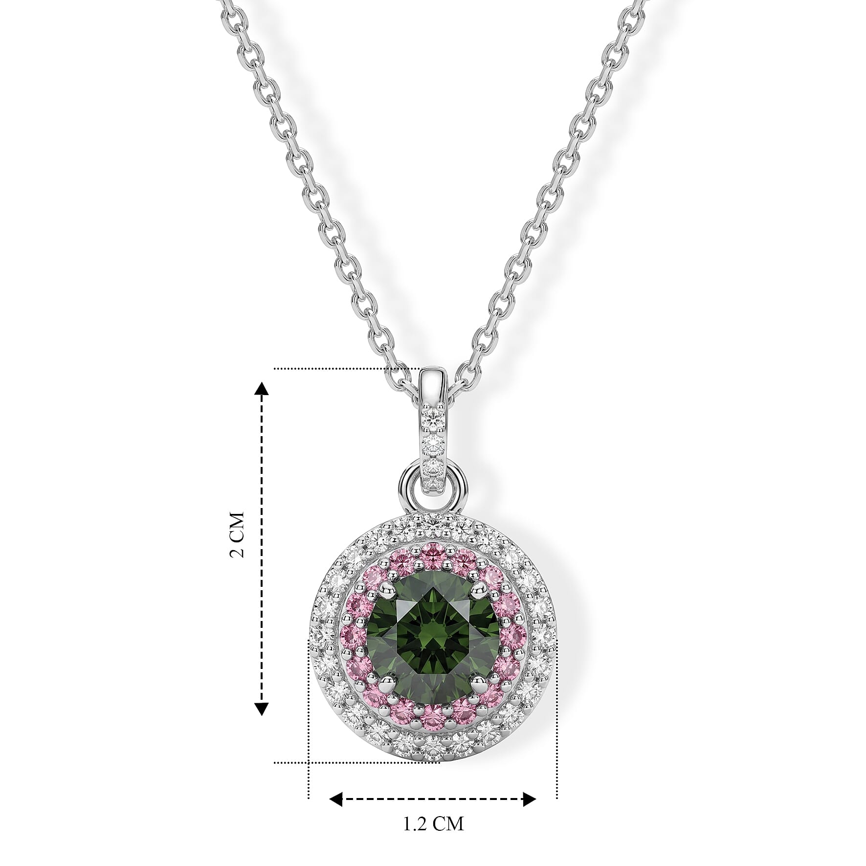 Luxuriant Lab Grown Green, Pink and White Diamond (IR) VS 1.50 ctw Verdant Blush Halo Pendant Necklace (20 Inches) in Rhodium Over Sterling Silver