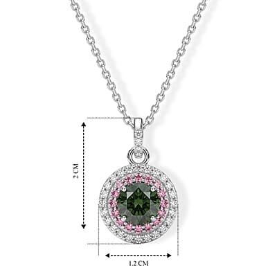 Luxuriant Lab Grown Green, Pink and White Diamond (IR) VS 1.50 ctw Verdant Blush Halo Pendant Necklace (20 Inches) in Rhodium Over Sterling Silver