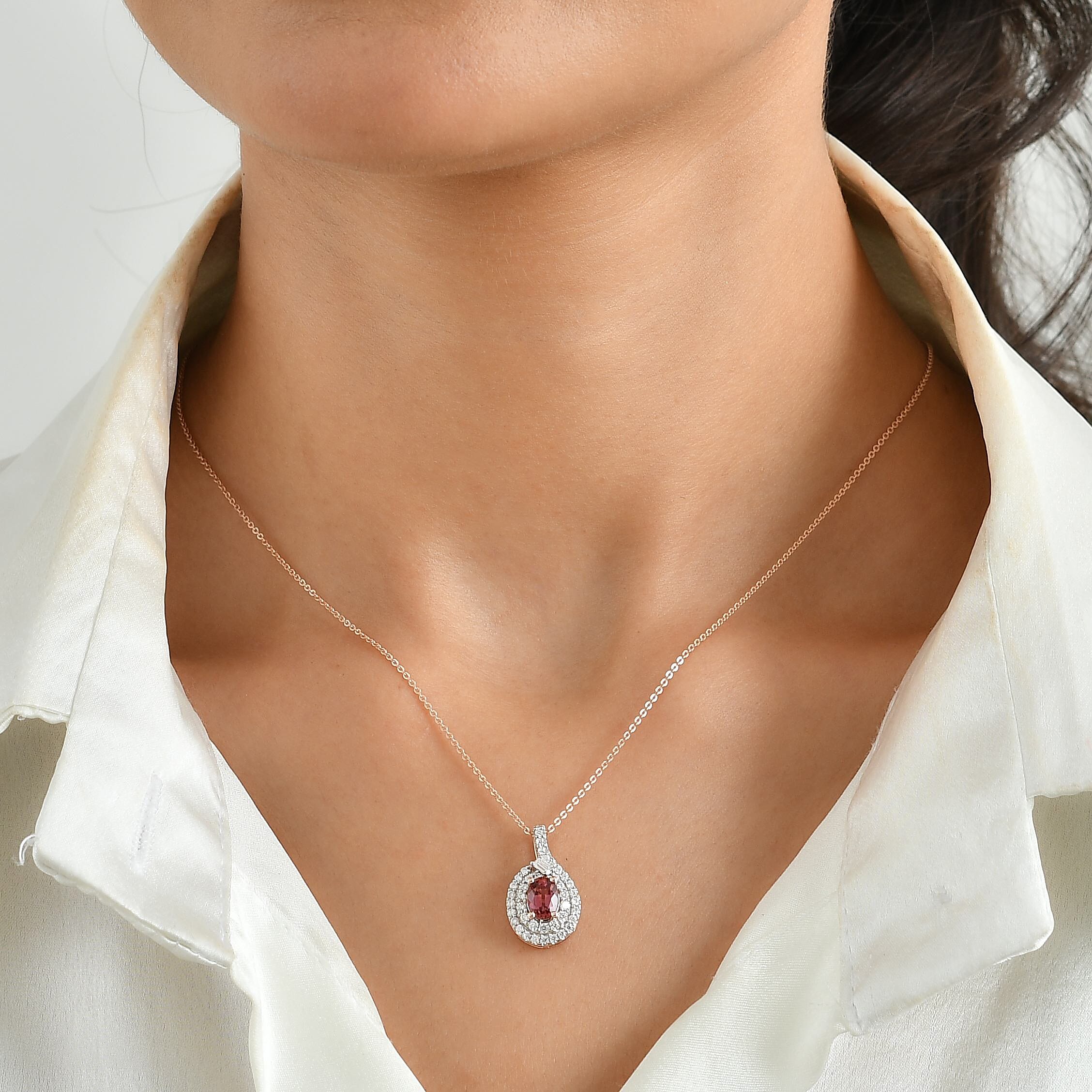 Certified & Appraised D'Joy Premium Pink Tourmaline and Moissanite 1.30 ctw Pendant Necklace in 18K Vermeil Rose Gold Over Sterling Silver 18 Inches