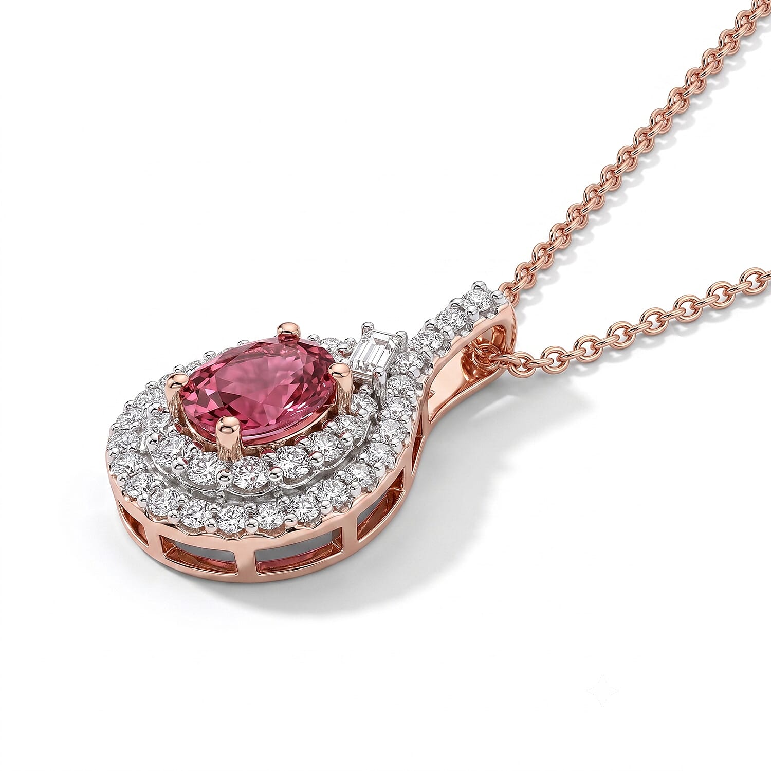 Certified & Appraised D'Joy Premium Pink Tourmaline and Moissanite 1.30 ctw Pendant Necklace in 18K Vermeil Rose Gold Over Sterling Silver 18 Inches