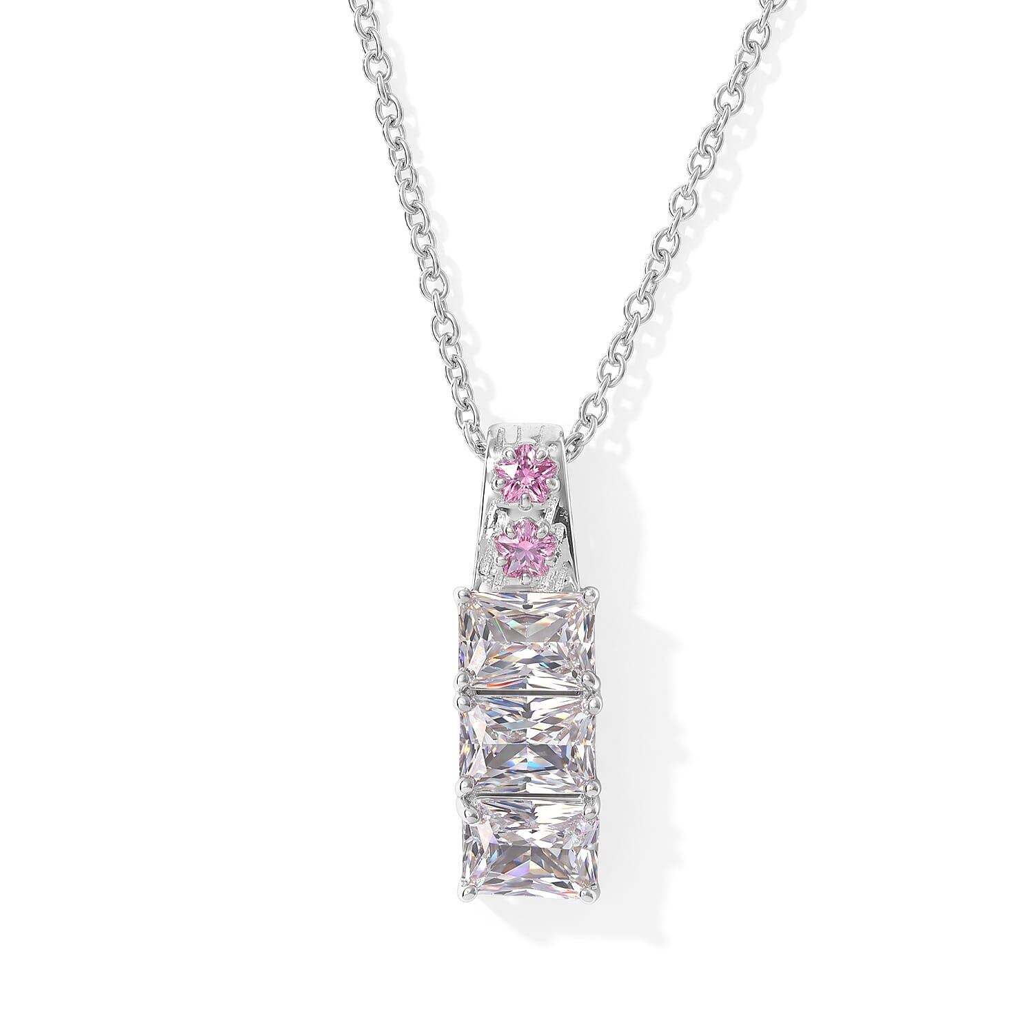 EverTrue Simulated White and Pink Diamond Pendant in Platinum Bond with Stainless Steel Necklace 20 Inches
