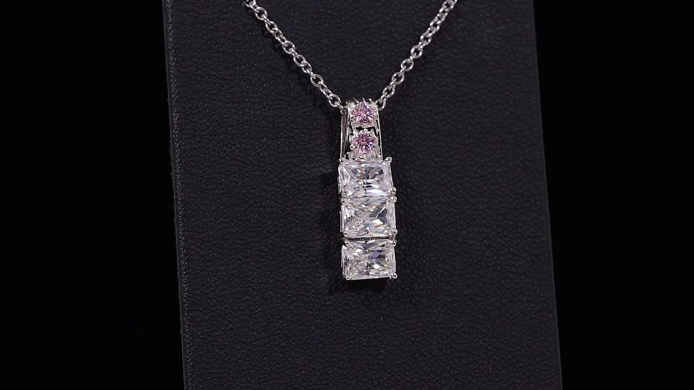 Simulated White & Pink Diamond Pendant in Platinum Plating with Stainless Steel Necklace 20 Inches