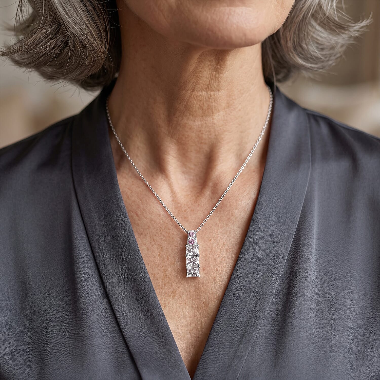 EverTrue Simulated White and Pink Diamond Pendant in Platinum Bond with Stainless Steel Necklace 20 Inches