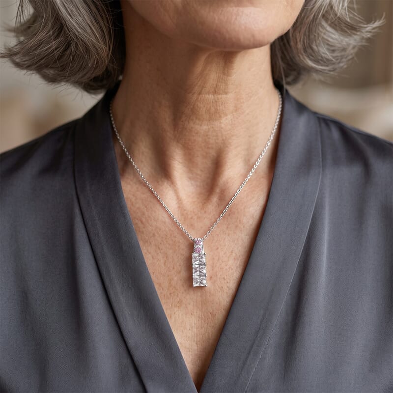 EverTrue Simulated White and Pink Diamond Pendant in Platinum Bond with Stainless Steel Necklace 20 Inches