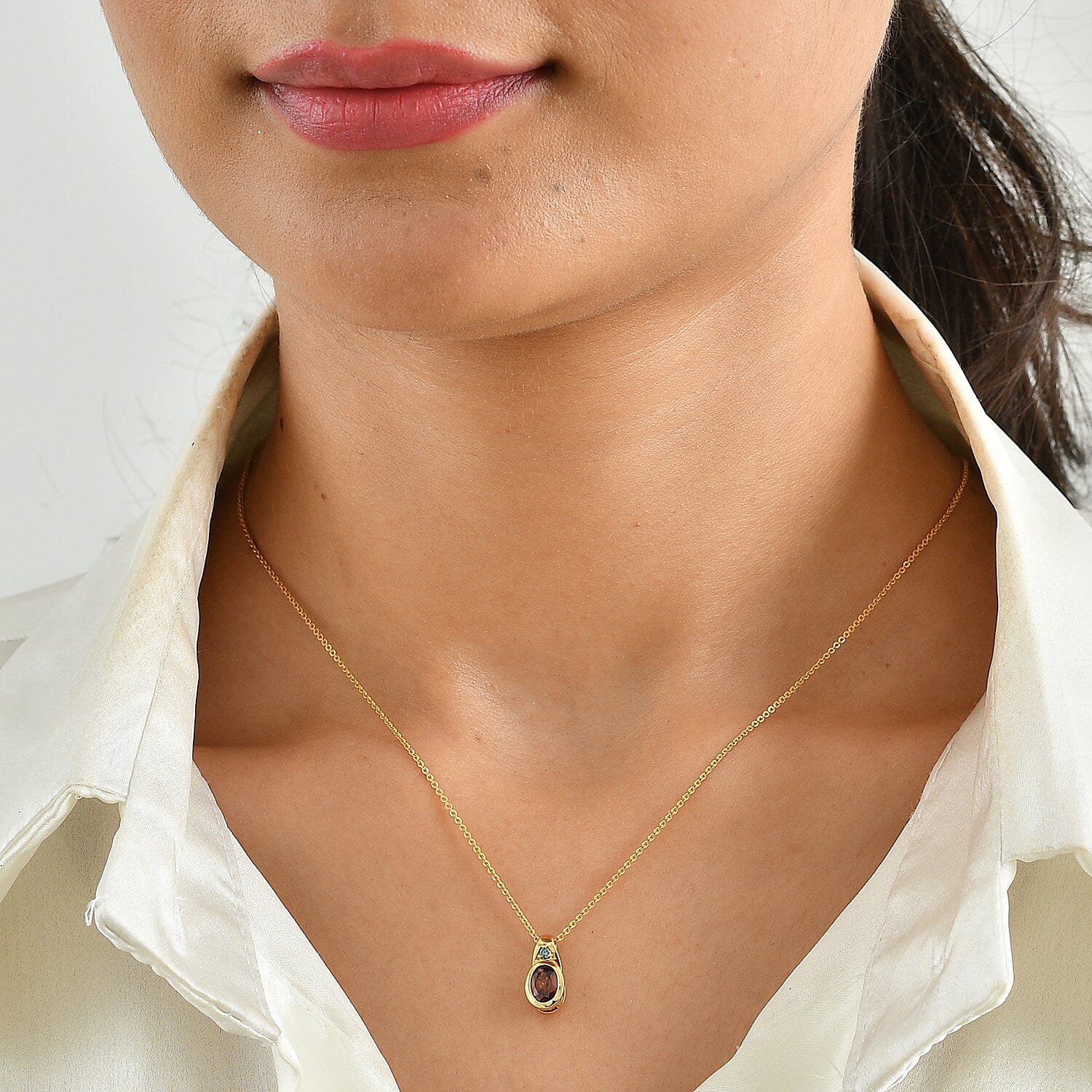 AAA Red Zircon and Luxuriant Lab Grown Blue Diamond IR SI 1.10 ctw Pendant Necklace in 18K Vermeil Yellow Gold Over Sterling Silver 20 Inches