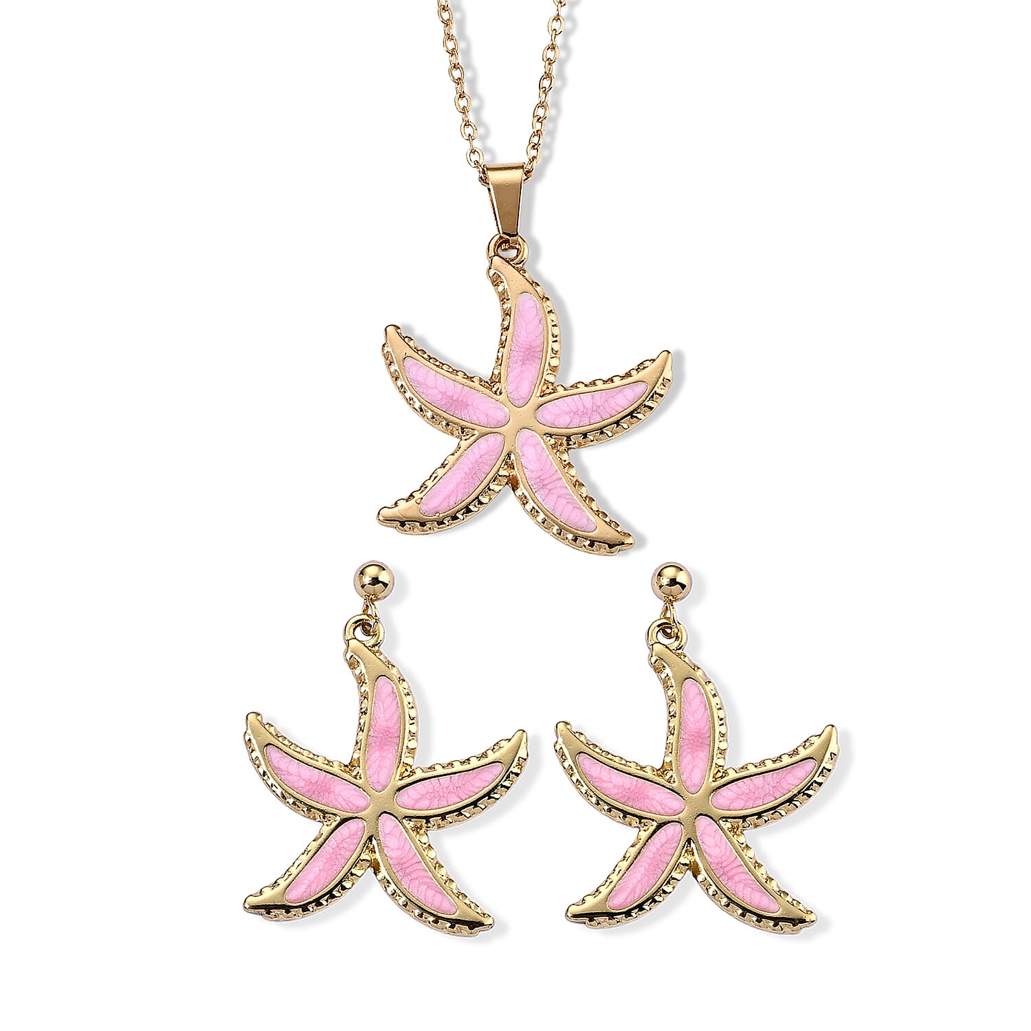 Pink Enameled Starfish Earrings and Necklace (21-23 Inches) in ION Plated YG Stainless Steel