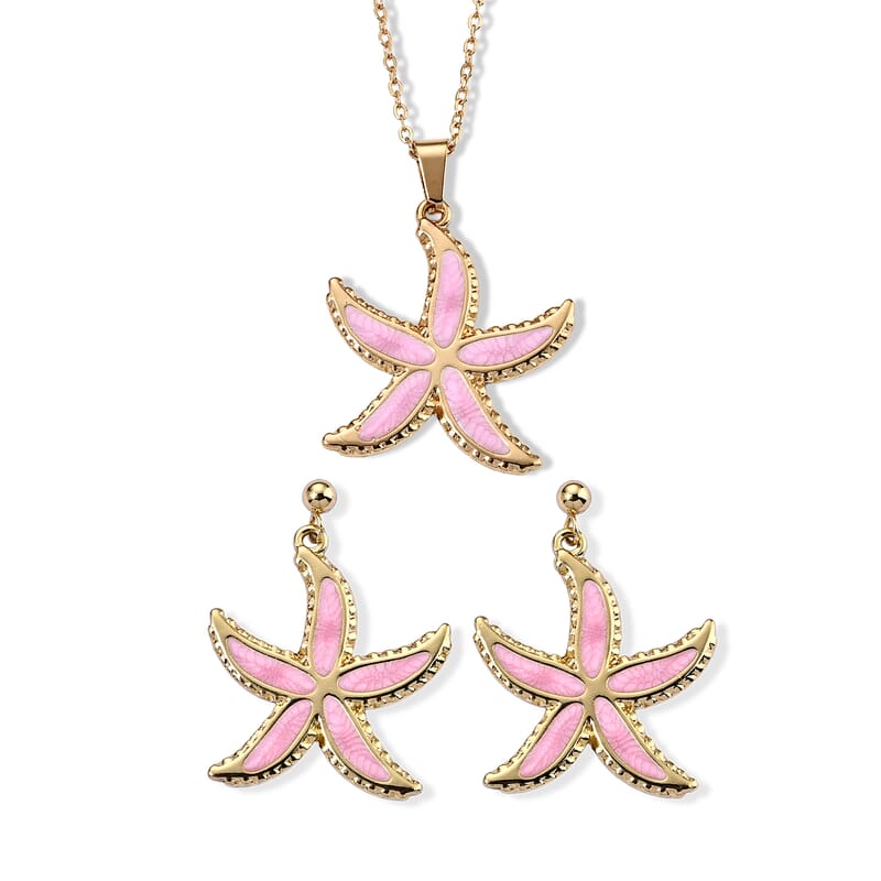 Pink Enameled Starfish Earrings and Necklace (21-23 Inches) in ION Plated YG Stainless Steel