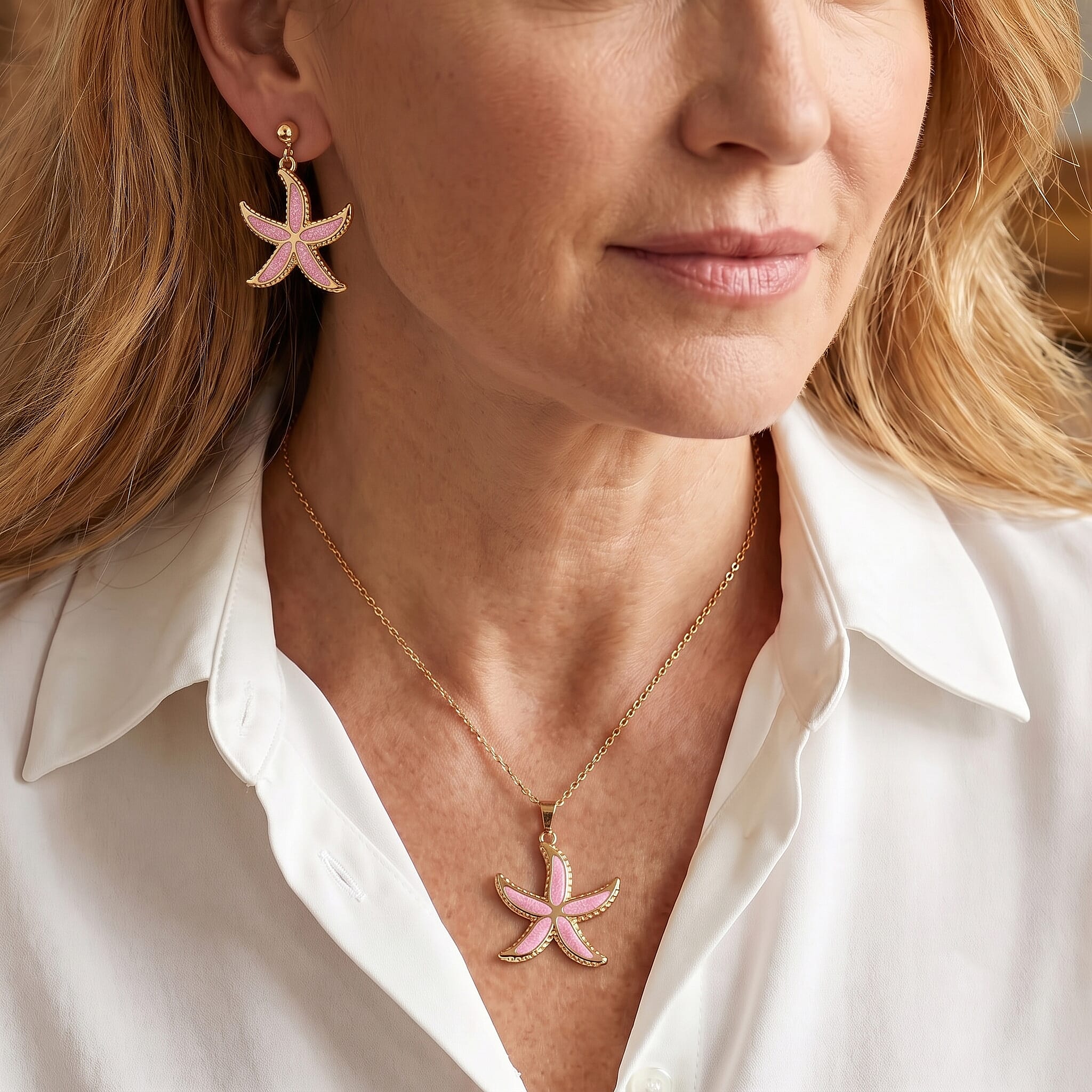 Pink Enameled Starfish Earrings and Necklace (21-23 Inches) in ION Plated YG Stainless Steel