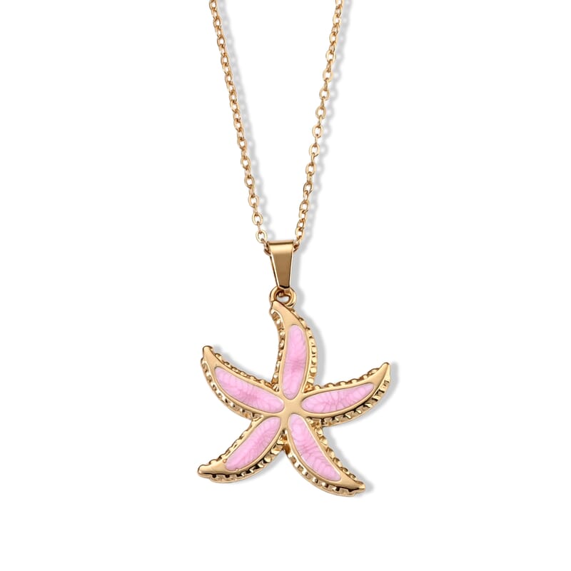 Pink Enameled Starfish Earrings and Necklace (21-23 Inches) in ION Plated YG Stainless Steel