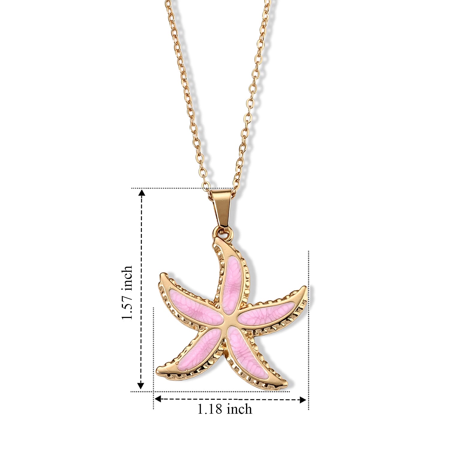 Pink Enameled Starfish Earrings and Necklace (21-23 Inches) in ION Plated YG Stainless Steel