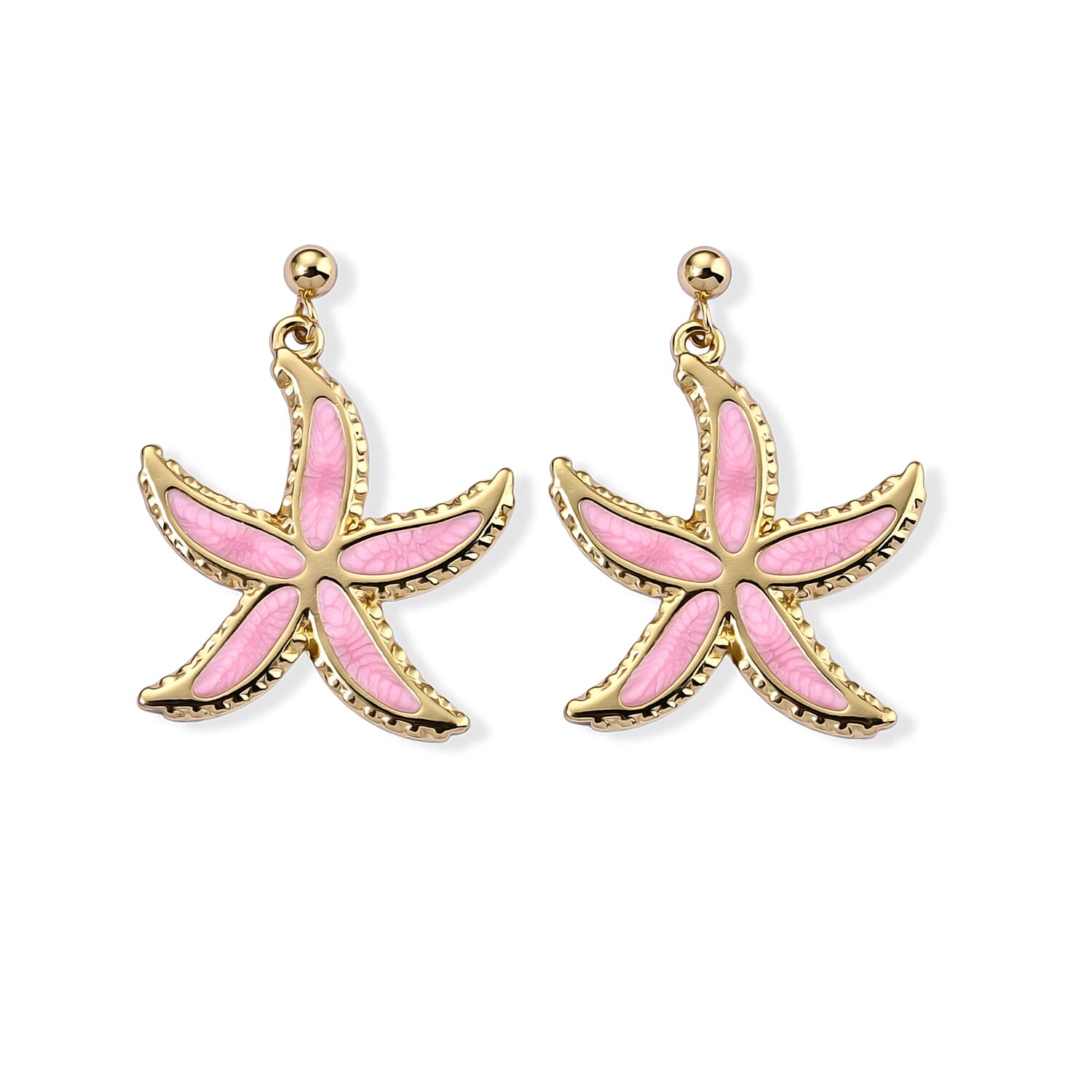 Pink Enameled Starfish Earrings and Necklace (21-23 Inches) in ION Plated YG Stainless Steel