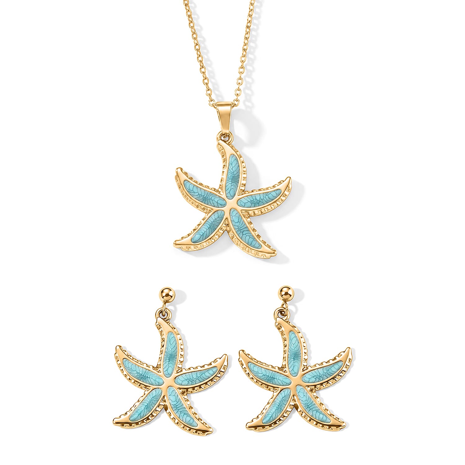 Green Enameled Starfish Earrings and Necklace (21-23 Inches) in ION Plated YG Stainless Steel