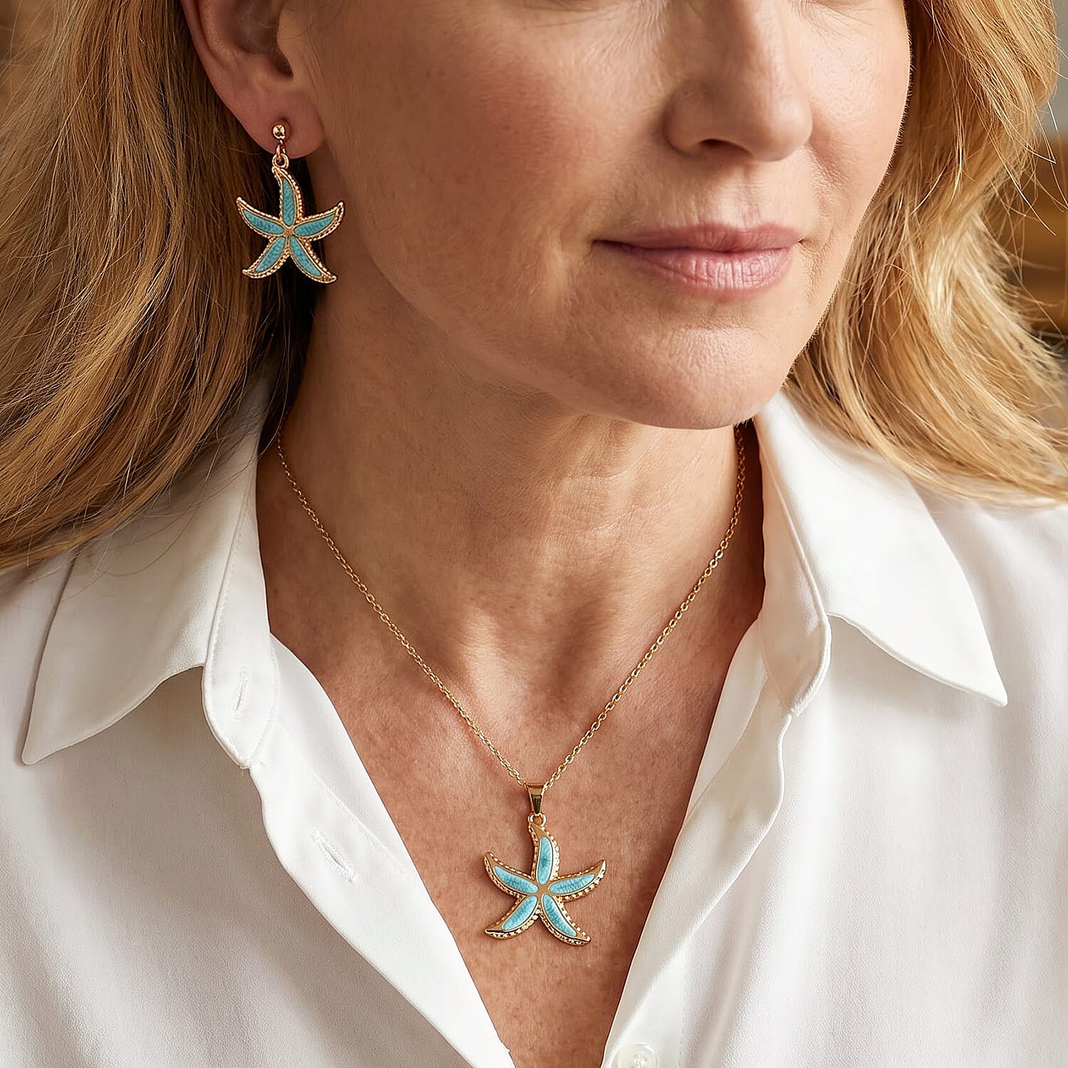 Green Enameled Starfish Earrings and Necklace (21-23 Inches) in ION Plated YG Stainless Steel
