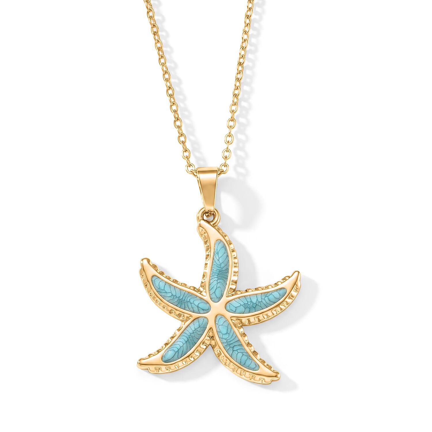 Green Enameled Starfish Earrings and Necklace (21-23 Inches) in ION Plated YG Stainless Steel