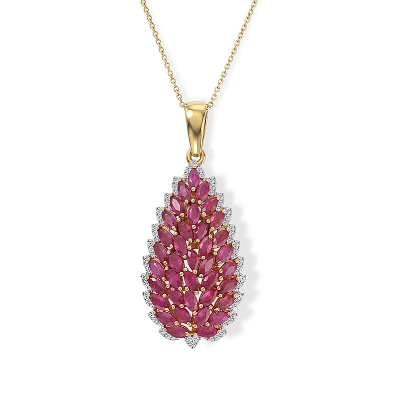 D'Joy Premium Niassa Ruby (FF) and Moissanite 4.65 ctw Flame Petal Pendant Necklace (20 Inches) in 18K Vermeil Yellow Gold Over Sterling Silver