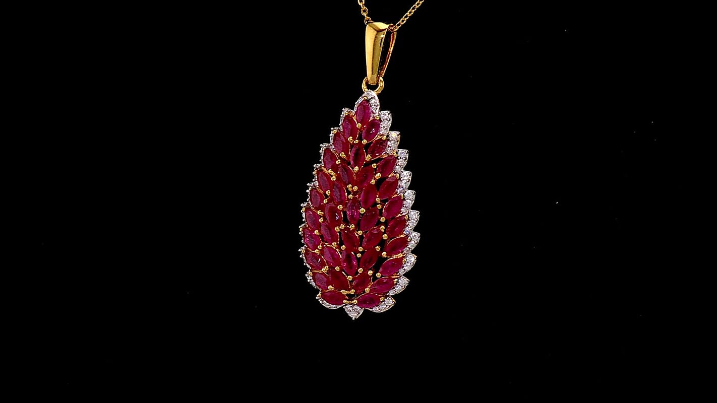 D'Joy Premium Niassa Ruby, Moissanite Pendant Necklace (20 Inches) in 18K Vermeil YG Over Sterling Silver 4.65 ctw